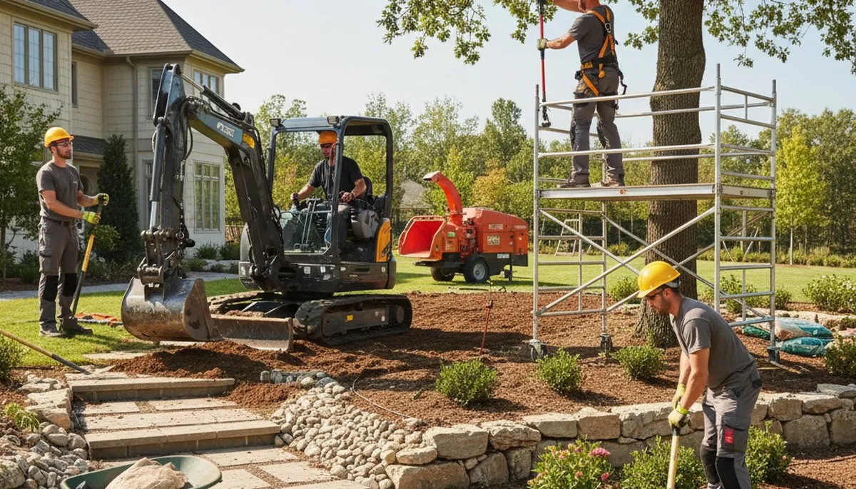 Landscaping crew in Pittsburgh, PA shaping a residential yard for tree care services