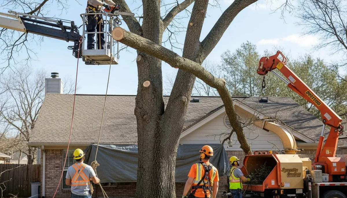Professional tree removal crew in Pittsburgh, PA removing a dead tree safely with a bucket truck